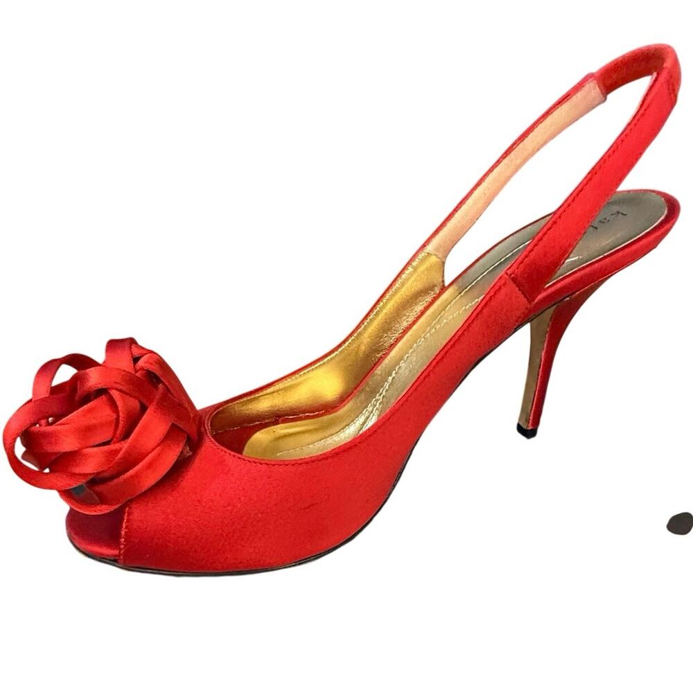 Kate Spade Red Satin Slingback Heels 7.5B Rosette Peep Toe